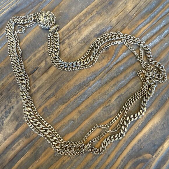 Vintage Three Strand Gold Tone Multi Chain Necklace Box Closure 22” Length - Picture 5 of 6